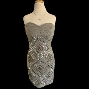 VTG 90s Handmade Gray Angora Sequin Beaded Sweater Dress Holiday Party Upcycle